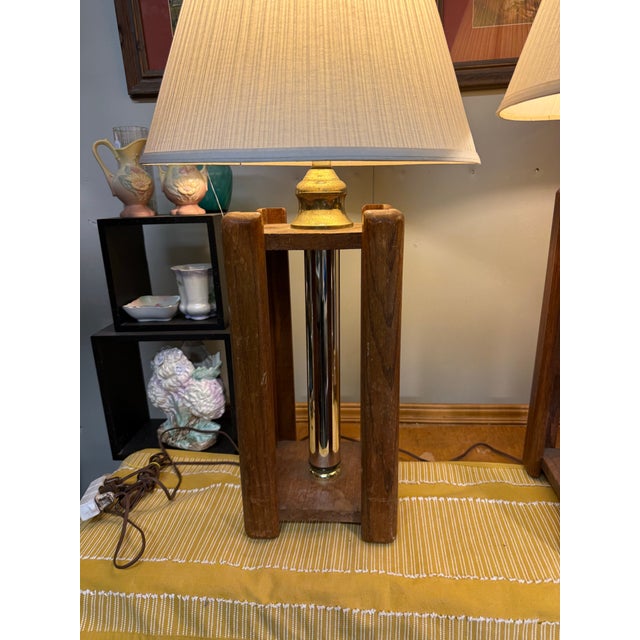 Brass 1970’s Hollywood Regency Style Brass and Wood Lamp Pair For Sale - Image 8 of 11