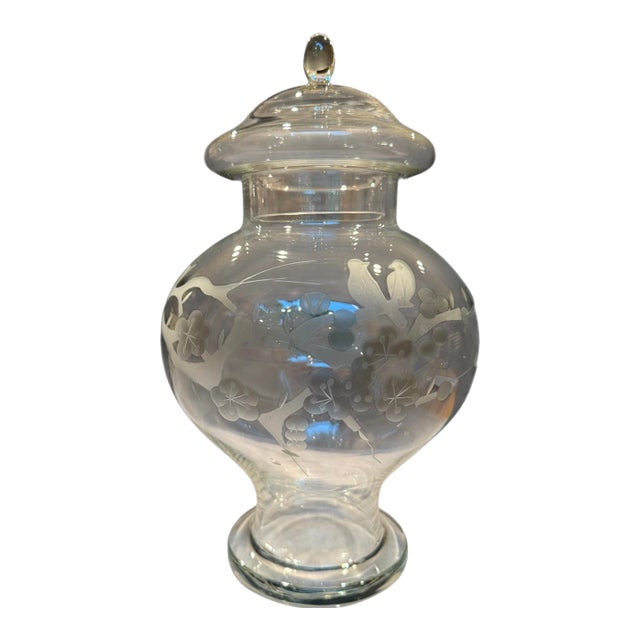 1950s Glass Ginger Jar With Etched Cherry Blossom Birds Motif For Sale