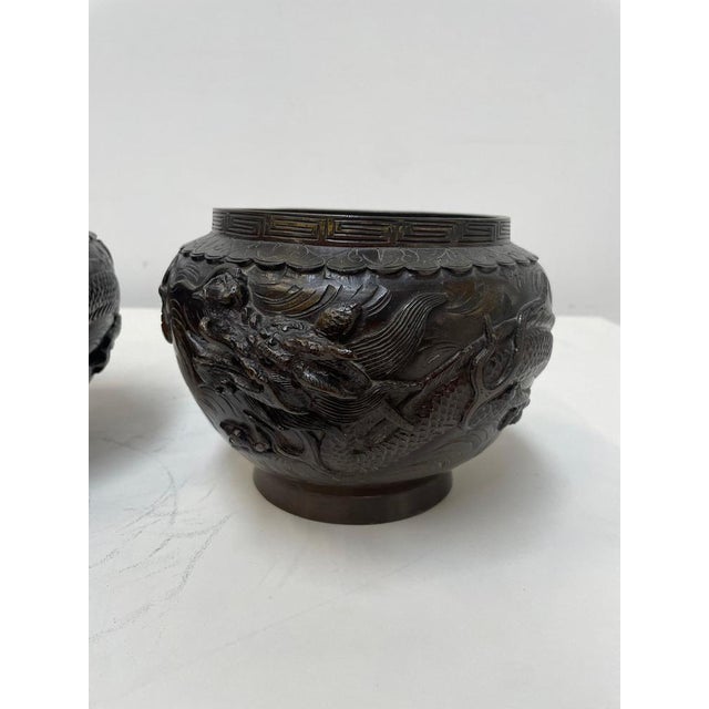 Dragon Sculptured Bronze Cachepots, Set of 2 For Sale - Image 3 of 7