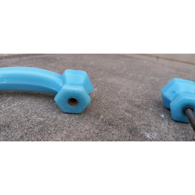 1920s Art Deco Pair (2x) Blue Opaline Glass Drawer Pulls (Handles) For Sale - Image 14 of 16