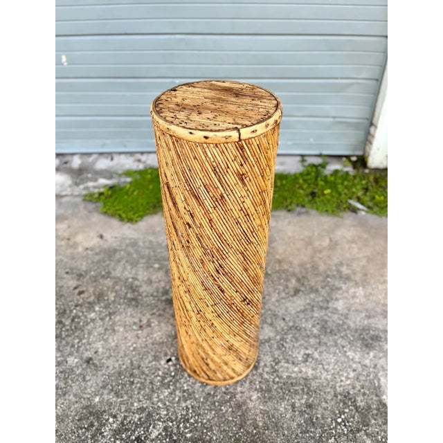 Tan Tall + Lean Spiral-Wrapped Distressed Rattan Pedestal | Late 20th Century in the Style of Gabriela Crespi For Sale - Image 8 of 13