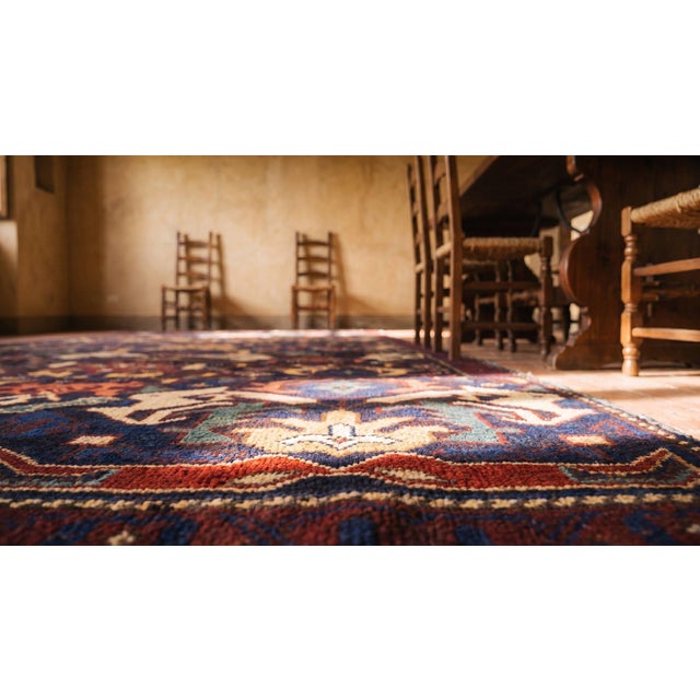 Blue 1870s Blue Geometric Tribal Antique Caucasian Zeychor Rug 4'4" X 6'8" Knotted Wool Carpet For Sale - Image 8 of 10