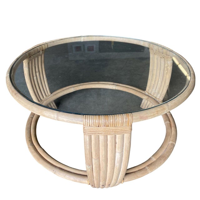 1950s Five Strand Rattan Coffee Table With Glass Top For Sale In Los Angeles - Image 6 of 6