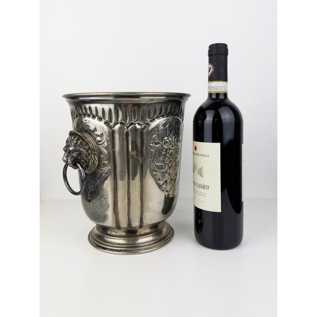 Metal Antique Silver Plated Champagne Bucket with Lion Head Handles, 1920s For Sale - Image 7 of 11