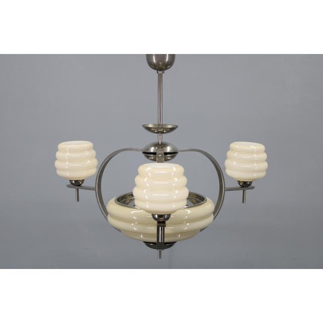 Art Deco Nickel and Cream Glass Chandelier, 1930s For Sale - Image 3 of 14