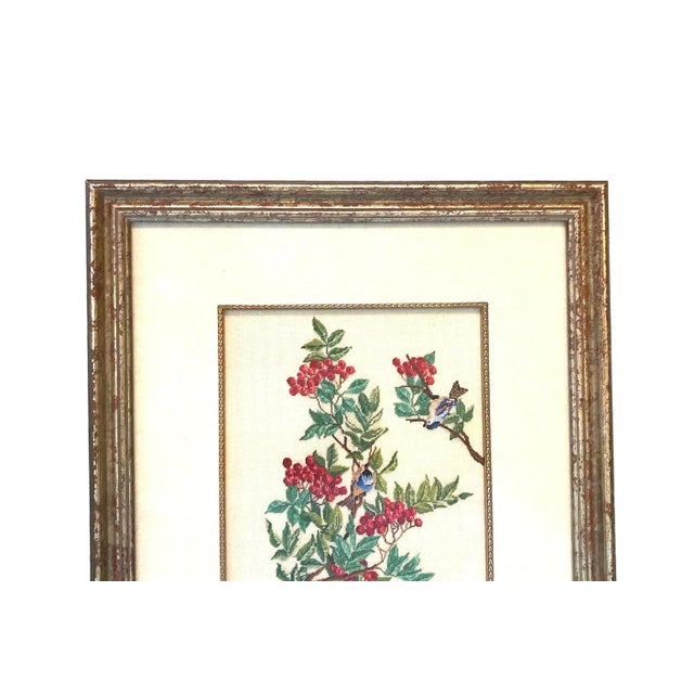 Shabby Chic Custom Framed Needlepoint Embroidery of Botanical Red Berry Branches & Bluebirds, Circa Late 20th Century For Sale - Image 3 of 6