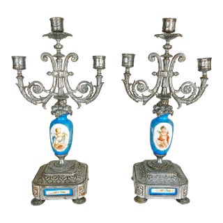 Pair of Antique Signed p.h. Mourey French Victorian Silvered Metal & Sèvres Style Porcelain Three-Light Candelabras For Sale