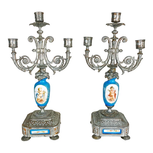 Pair of Antique Signed p.h. Mourey French Victorian Silvered Metal & Sèvres Style Porcelain Three-Light Candelabras For Sale