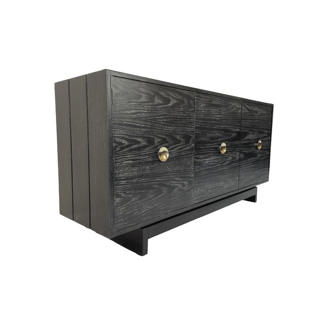 Kroehler Restored Kroehler Black Cerused Oak Sideboard Credenza With Polished Brass Hardware, Circa 1960s For Sale - Image 4 of 15