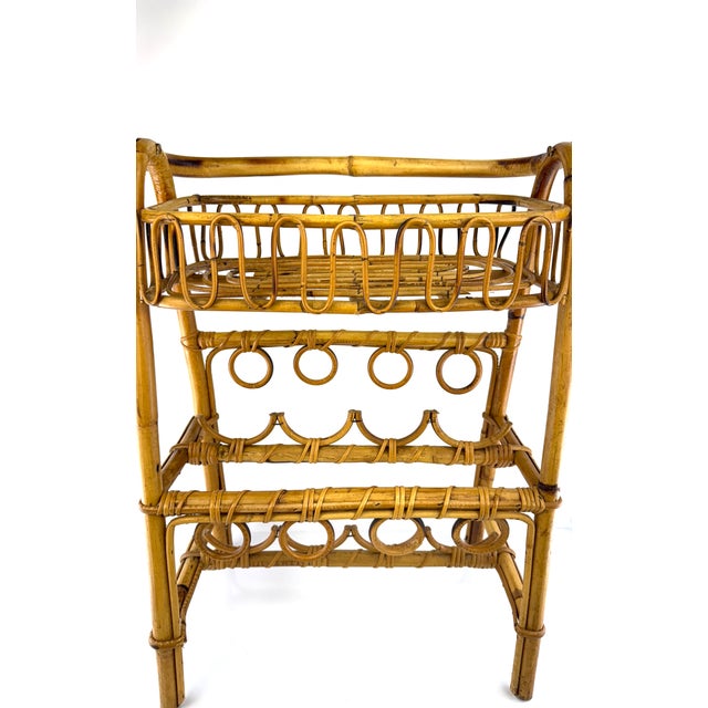 Vintage Mid Century Bamboo Rattan Bar Cart Rack Stand With Handles For Sale - Image 10 of 15