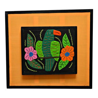 Framed Parrot & Flowers Motif Mola For Sale