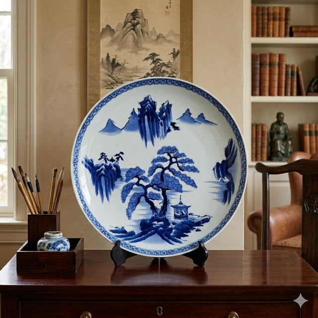 This is a stunning, oversized Japanese Arita-style porcelain charger featuring a classic Sansui (mountain and water)...