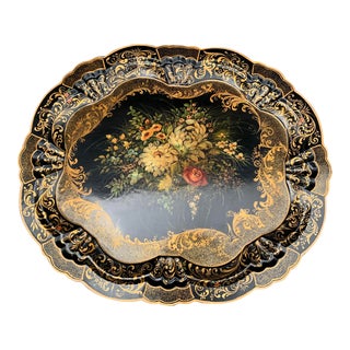 Large French Lacquer Antique Wooden Tray For Sale