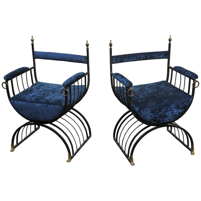 Mid-Century Modern Savonarola Chairs with Blue Velvet Upholstery, 1960s, Set of 2 For Sale - Image 11 of 11