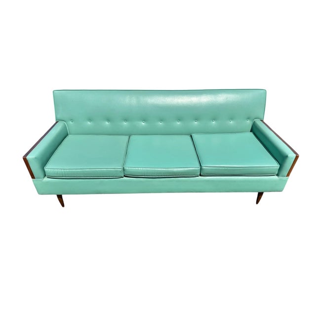 Mid-Century Modern Turquoise & Walnut Sofa For Sale - Image 4 of 6