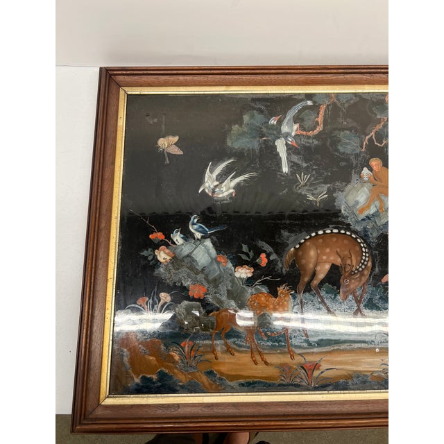 Blue Early Chinese Export Reverse Glass Painting Depicting Deer, Monkeys & Wildlife Qing Dynasty For Sale - Image 8 of 10