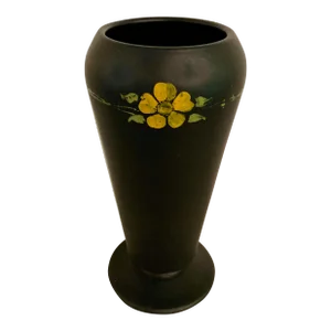 1940s Vintage Matte Black Ceramic Vase With Flower Detail
