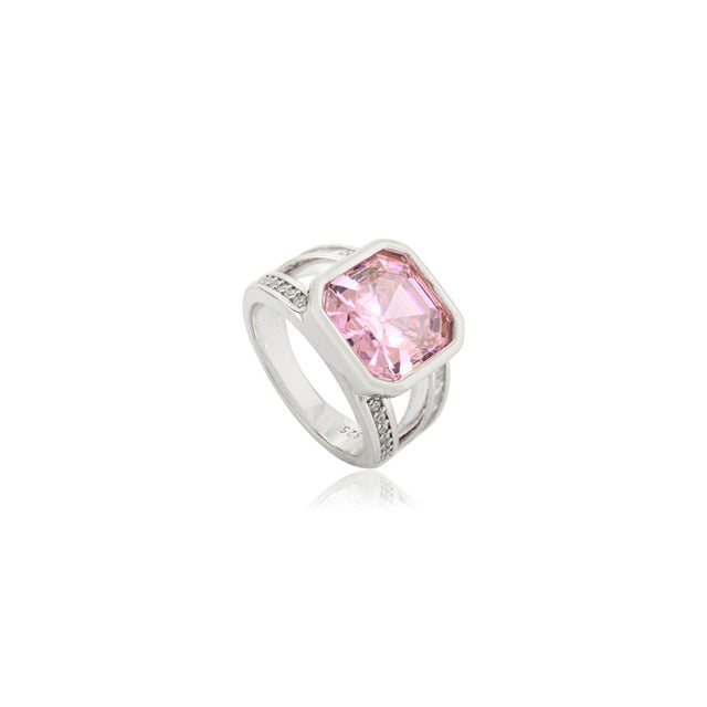Art Deco Stunning Pink Zirconia Asscher Cut Solitaire Ring in Ottoman Design for Unisex- Size 8 For Sale - Image 3 of 11