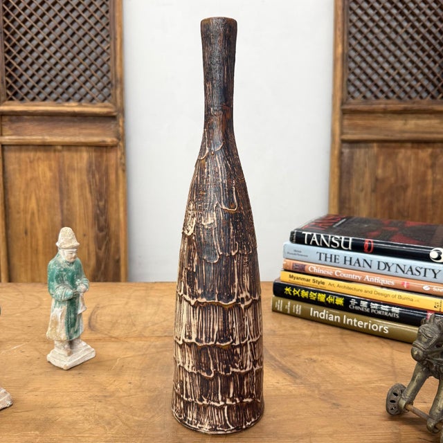 Wood Brown & White Bottle Shaped Ceramic Vase For Sale - Image 4 of 11