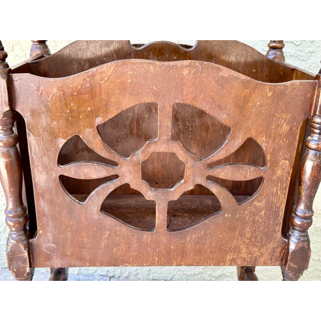 Brown Vintage Mid 1900s Tall Mahogany Wood Magazine/Newspaper Rack/Stand With Turned Spindle Legs For Sale - Image 8 of 8