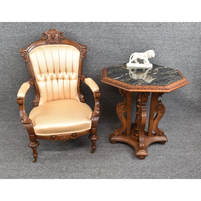 Italian Gueridon Carved Scrolling Legs Hexagonal Walnut Base Italian "Nero Portoro" Marble Top Table For Sale - Image 10 of 11