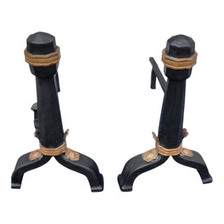 Pair of 19th C Arts & Crafts Cast Iron Andirons W/ Copper Hammered Accents Fireplace For Sale