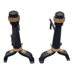 Pair of 19th C Arts & Crafts Cast Iron Andirons W/ Copper Hammered Accents Fireplace