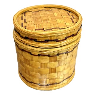 Wicker Wrapped Enamel Metal Canister Jar For Sale