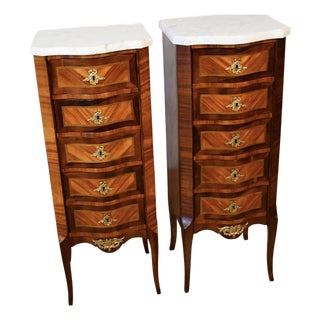 1900s Pair Antique French Louis XV Walnut & Satinwood Marble Top Lingerie Stands For Sale