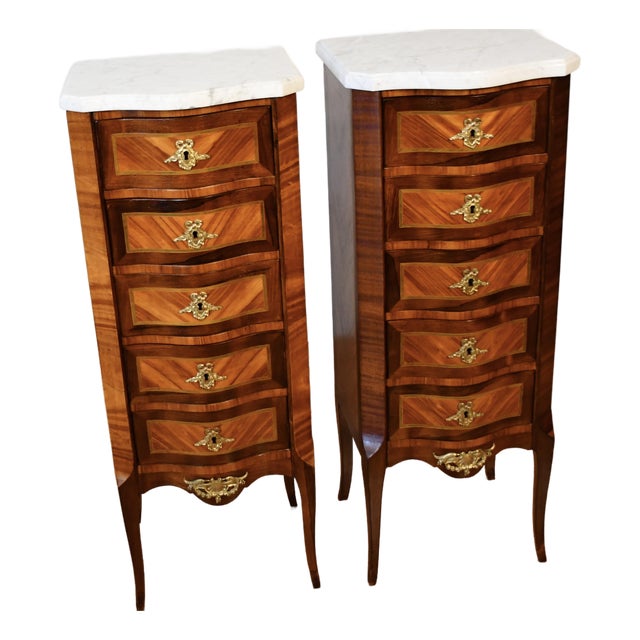 1900s Pair Antique French Louis XV Walnut & Satinwood Marble Top Lingerie Stands For Sale