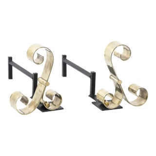 Mid-Century Modernist Scroll Form Andirons in Polished Brass For Sale
