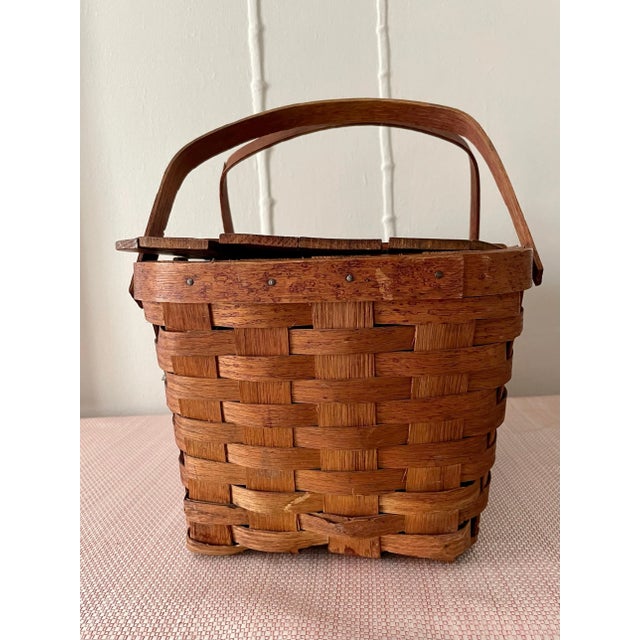 Brown Woven Hinged Lid Picnic Basket with Handles For Sale - Image 8 of 10