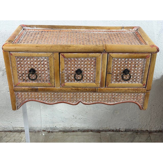 Vintage Rattan Three Drawer Table Top Cabinet For Sale - Image 4 of 9