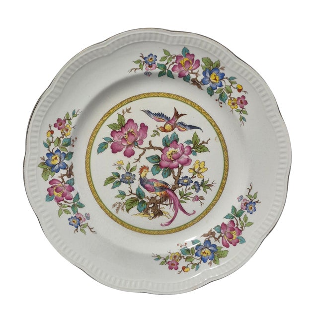 Pink Vintage Chinoiserie Crown Clarence Staffordshire England Oriental Bird Plate For Sale - Image 8 of 8