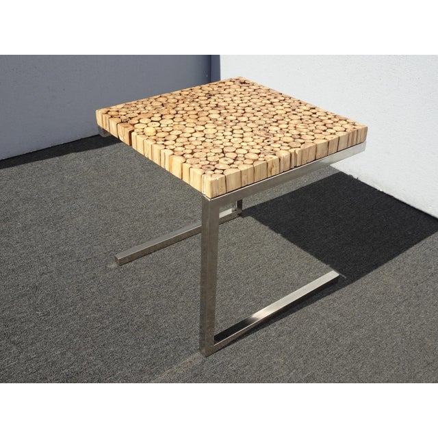 Contemporary Modern Wood Slice Side End Table W Chrome Base For Sale - Image 10 of 12