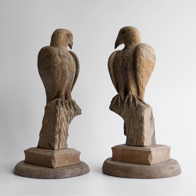 Wood Pair of Antique French Folk Art Carved Oak Falcon Figures, Wooden Bird Sculpture For Sale - Image 7 of 14