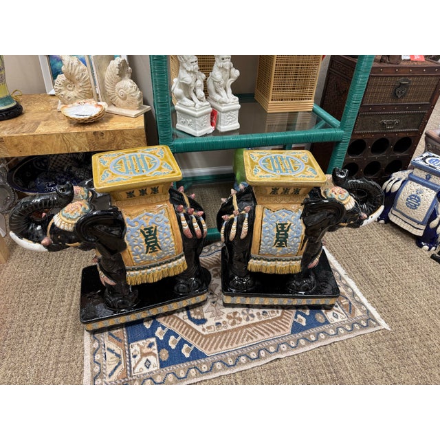 Ceramic Vintage Colorful Black Porcelain Elephant Garden Stools, a Pair For Sale - Image 7 of 12