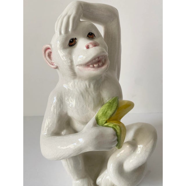 Mid 20th Century Mid 20th Century Italian White Glazed Ceramic Monkey With Banana Scratching Head by a Due Tosin For Sale - Image 5 of 9
