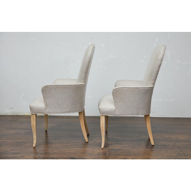 White Pair of French Midcentury Armchairs with Linen Upholstery, Curved Tapered Legs For Sale - Image 8 of 12