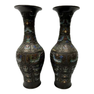 Pr. 19th C. Meiji Japanese Champleve Inset Bronze Vases Signed 21.25"