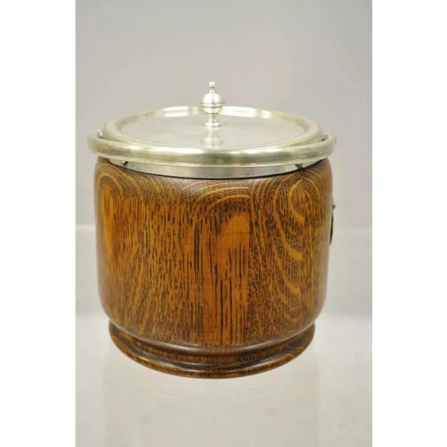 Antique H.C. & C. English Silver Plate and Oak Biscuit Barrel With Lid and Liner For Sale - Image 9 of 12
