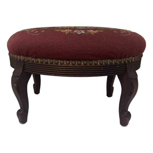 Antique Needlepoint Footstool For Sale