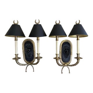 Pair Chapman 1991 Solid Brass Neoclassical Ebony Lions Head Wall Sconces For Sale