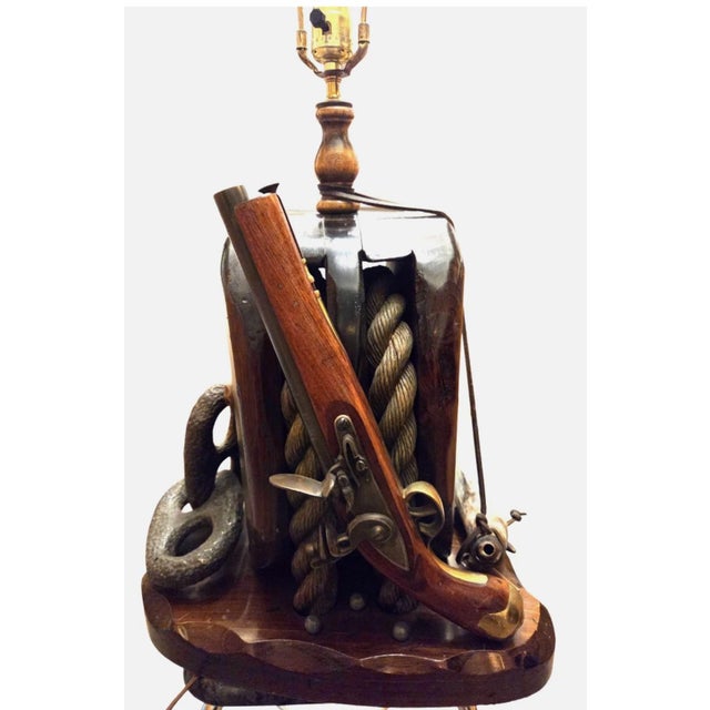 21.5 to socket /38.5 to top of harp. Awesome Vintage Pirates Caribbean Table Lamp Flintlock Block Tackle Pulley Nautical....