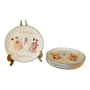 19th Century Set of 6 French Majolica Choisy-Le-Roi Plates, Humour Playing Cards