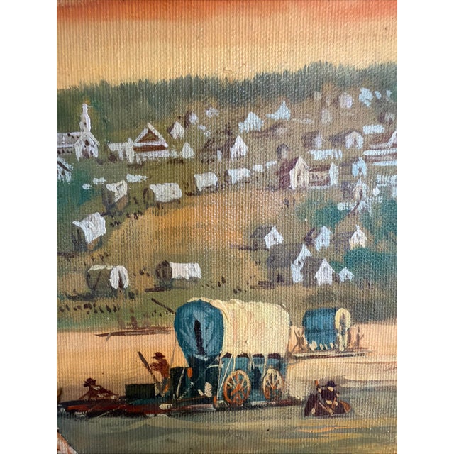 Blue Vintage Original Oil Painting Pioneer Wagon River Crossing Dawn Signed Horman For Sale - Image 8 of 14