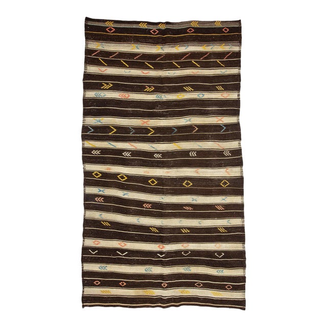 Brown & Ivory Striped Goat Hair Kilim Rug For Sale
