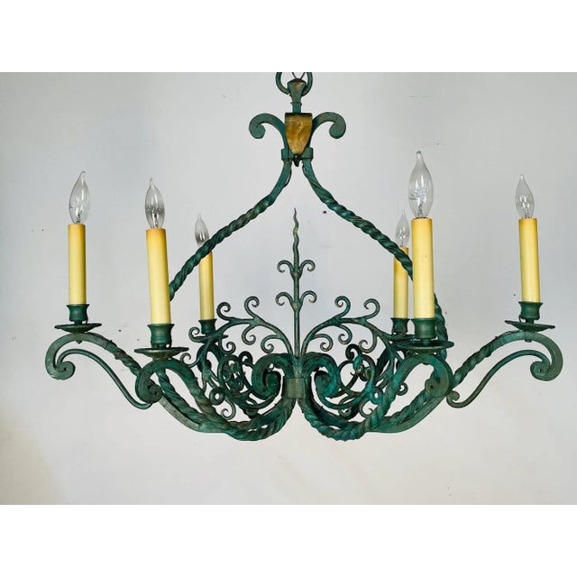 Green Wrought Iron Industrial Green Painted Chandelier, Circa 1930s For Sale - Image 8 of 11