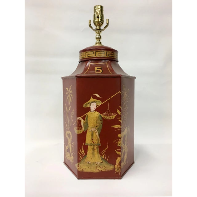 1970s Red Chinoiserie Tea Caddy Lamp For Sale In New York - Image 6 of 6