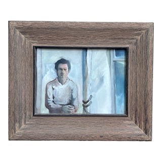 1970’s Original Small Abstract Portrait in Room Painting Distressed Wood Frame For Sale